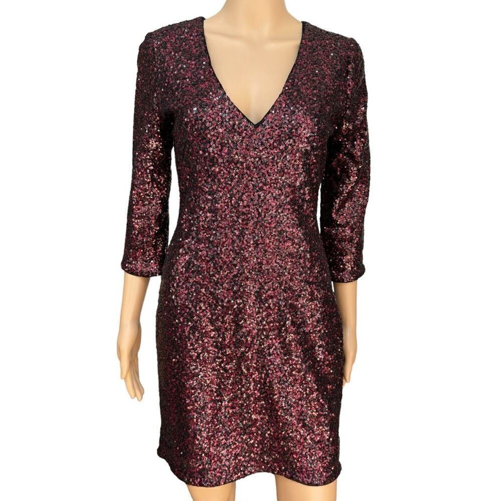 Express Burgundy Sequin Dress Size 6 Womens Bodycon Fitted V-neck Back zip